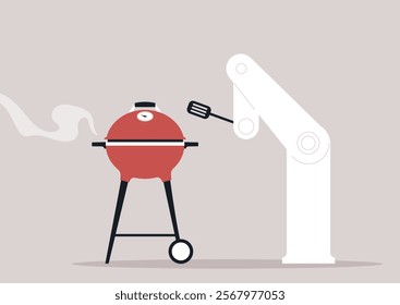 A modern barbecue robot expertly flips burgers on a grill, showcasing its culinary skills during a barbecue party, bringing joy to outdoor cooking adventures