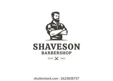 Modern barber shop logo featuring a confident bearded man in a retro style shirt. The design includes bold text and a vintage emblem, perfect for branding. Vector illustration