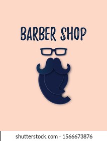 Modern Barber Shop Papercut logo. Man Glasses, Mustache and Beard Silhouette isolated on pink. Layered Paper art flat style. Cute cartoon Father's Day Card for blog, website, add. Vector Vintage text