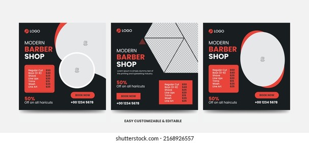 Modern barber shop social media post bundle editable beauty salon web banner template set