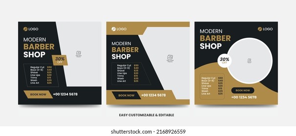 Modern barber shop social media post bundle editable beauty salon web banner template set