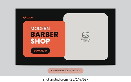 Modern barber shop video thumbnail template. Editable salon web banner template