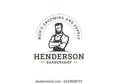 Logotipo moderno da barbearia com um cavalheiro elegante em um avental vintage. Elementos retrô e profissional combinados, enfatizando o aliciamento e o serviço. Ilustração vetorial