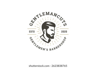 O logotipo moderno da barbearia apresenta um perfil elegante de cavalheiros, raios vintage e tipografia clássica. Perfeito para marcar um serviço de limpeza. Ilustração vetorial