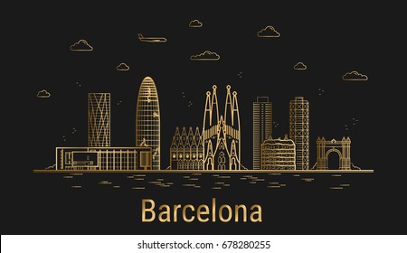 Modern Barcelona city line art, golden architecture vector illustration, skyline city, all famous buildings. 