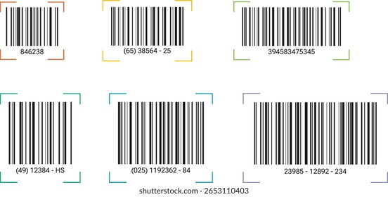 Ilustrações modernas de vetor de código de barras com marcas coloridas de scanner de canto, ícones de código de barras de estilo plano para embalagem de produtos, remessa, rastreamento de inventário, digitalização e rotulagem de varejo