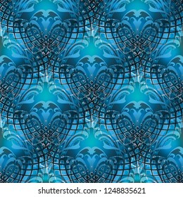 Modern Baroque blue 3d vector seamless pattern. Ornamental abstract Damask background. Repeat grid lattice decorative backdrop. Geometric shapes. Vintage ornate baroque Victorian style flowers, leaves