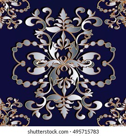 Modern baroque damask dark blue floral vector seamless pattern background wallpaper illustration with 3d silver gold flowers,leaves and ornaments in Victorian style.Endless luxury texture