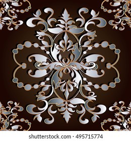 Modern baroque damask dark brown  floral vector seamless pattern background wallpaper illustration with 3d silver gold flowers,leaves and ornaments in Victorian style.Endless luxury texture