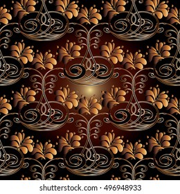 Modern baroque damask dark shiny  floral vector seamless pattern background wallpaper illustration with 3d antique gold volumetric decorative flowers,leaves and ornaments in Victorian style.