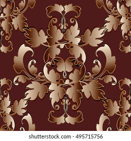 Modern baroque damask  floral vector seamless pattern background wallpaper illustration with 3d gold flowers,leaves and ornaments in Victorian style.Endless luxury texture