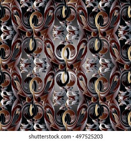 Modern  baroque damask floral vector seamless pattern background wallpaper illustration with 3d antique flowers,leaves and ornaments.Decor elements with shadows  and highlights.Endless texture