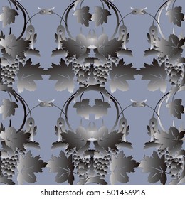 Modern baroque damask light blue floral vector seamless pattern background wallpaper illustration with 3d antique grey volumetric grapes, flowers,leaves and ornaments in Victorian style.