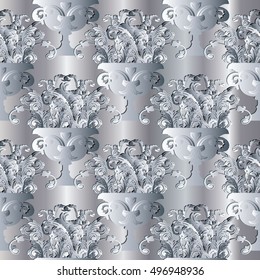 Modern baroque damask light white monochrome floral vector seamless pattern background wallpaper illustration with 3d antique white flowers,leaves ,ornaments in ancient vase.Baroque 3d flowers in vase