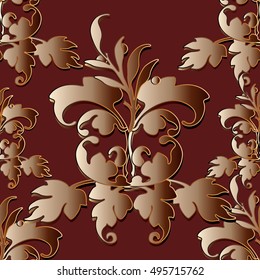 Modern baroque damask  red floral vector seamless pattern background wallpaper illustration with 3d gold flowers,leaves and ornaments in Victorian style.Endless luxury texture