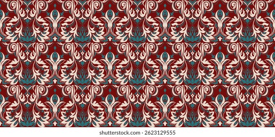 Modern baroque pattern. Damask style wallpaper. Vintage vintage fabric. Seamless vector paisley pattern. Border with ethnic embroidery. Indonesia, India and Asian geometric ethnic oriental border.