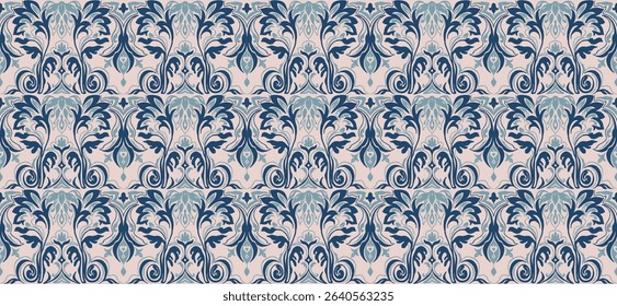 Modern baroque pattern. Damask style wallpaper. Vintage vintage fabric. Seamless vector paisley pattern. Border with ethnic embroidery. Indonesia, India and Asian geometric ethnic oriental border.