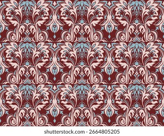 Padrão barroco moderno. Papel de parede estilo Damask. Vintage vintage tecido. Padrão de paisley de vetor sem emenda. Fronteira com bordados étnicos. Indonésia, Índia e fronteira oriental étnica geométrica asiática.