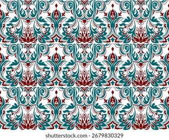 Modern baroque pattern. Damask style wallpaper. Vintage vintage fabric. Seamless vector paisley pattern. Border with ethnic embroidery. Indonesia, India and Asian geometric ethnic oriental border.
