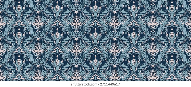 Patrón barroco moderno. Fondo de pantalla estilo damasco. Tela vintage de Antiguas. Patrón de paisley de Vector sin costuras. Frontera con bordados étnicos. Indonesia, India y frontera oriental étnica geométrica asiática.