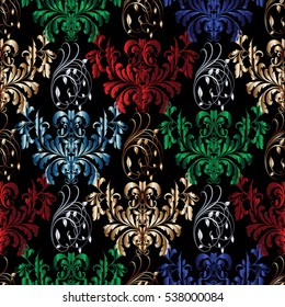 Modern baroque seamless pattern.Bright background wallpaper illustration with colorful  vintage decorative  damask 3d flowers,leaves and ornaments.Vector endless rich fabric texture with shadows.