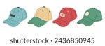 Modern baseball caps. Colorful sport headwear, unisex fashion accessories flat vector illustration set. Textile sport caps on white