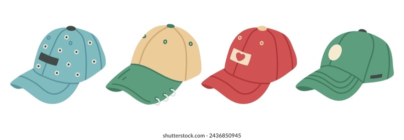 Gorras de béisbol modernas. Colorido sombrero deportivo, accesorios de moda unisex vector plano conjunto de ilustración. Gorras deportivas textiles en blanco