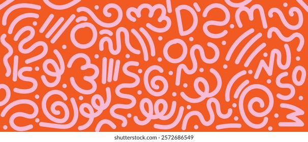 Modern basic shapes set: circles, dots, zigzags, spirals, wavy lines. Seamless colorful geometric pattern. Cool abstract background in retro 80s, 90s style. Bright orange pink cute kid doodle design. 