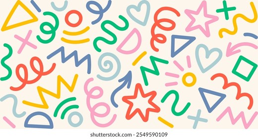 Modern basic shapes set: star, arrow, triangle, circle, heart, zigzag, spiral, wavy lines. Trendy Memphis geometric pattern. Cool abstract background in retro 80s, 90s style. Cute kid doodle design.	
