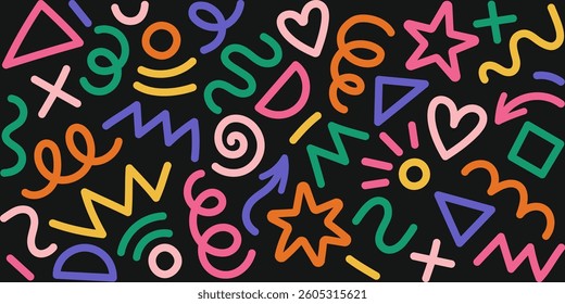 Modern basic shapes set: star, arrow, triangle, circle, heart, zigzag, spiral, wavy lines. Trendy Memphis geometric pattern. Cool abstract background in retro 80s, 90s style. Cute kid doodle design.	