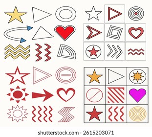 Modern basic shapes set: star, arrow, triangle, circle, heart, zigzag, spiral, wavy lines. Trendy Memphis geometric pattern.