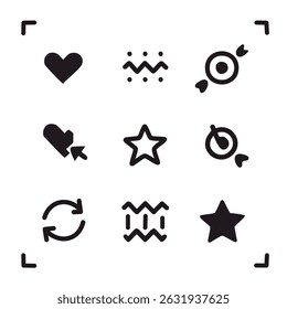 Modern basic shapes set: star, arrow, triangle, circle, heart, zigzag, spiral, wavy lines. Trendy Memphis geometric pattern. Cool abstract background in retro 80s, 90s style.