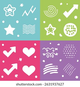 Modern basic shapes set: star, arrow, triangle, circle, heart, zigzag, spiral, wavy lines. Trendy Memphis geometric pattern. Cool abstract background in retro 80s, 90s style.