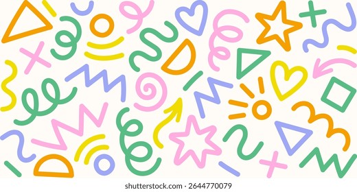 Modern basic shapes set: star, arrow, triangle, circle, heart, zigzag, spiral, wavy lines. Trendy Memphis geometric pattern. Cool abstract background in retro 80s, 90s style. Cute kid doodle design.	
