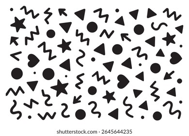 Modern basic shapes set: star, arrow, triangle, circle, heart, zigzag, spiral, wavy lines. Trendy Memphis geometric pattern. Cool abstract background in retro 80s, 90s style. Cute kid doodle design