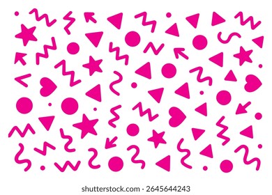 Modern basic shapes set: star, arrow, triangle, circle, heart, zigzag, spiral, wavy lines. Trendy Memphis geometric pattern. Cool abstract background in retro 80s, 90s style. Cute kid doodle design