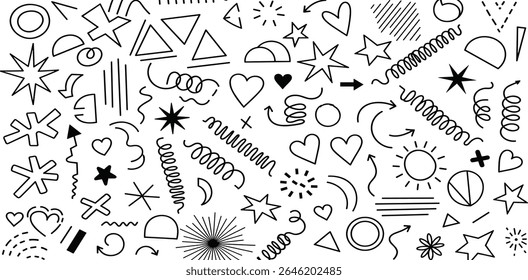 Modern basic shapes set: star, arrow, triangle, circle, heart, zigzag, spiral, wavy lines. Trendy Memphis geometric pattern. Cool abstract background in retro 80s, 90s style