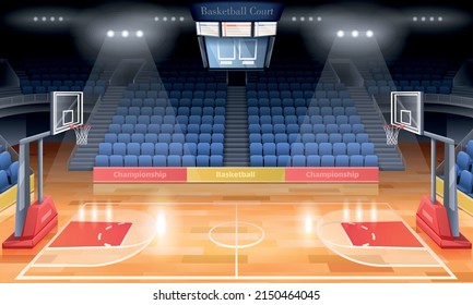 Modern basketball court interior with spotlights scoreboard and empty seats cartoon vector illustration