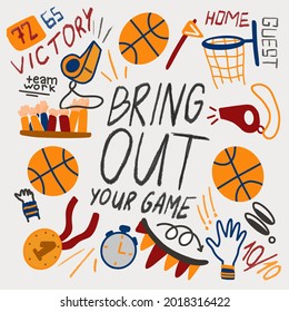 Modern basketball hand drawn vector illustrations set. Male and female sports flat objects. Basketball, whistle, victory, teamwork, medal, sports. Pattern for print, postcards, social media sport