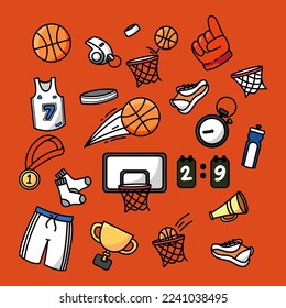 Modernes Basketball handgezeichnetes Vektorgrafik-Set. Sportliche Flachobjekte für Männer und Frauen. Ball, Stoppuhr, Bruchbrett, Schuhe, Sneaker, Sock, Trophäe, Ring, Jersey, Schuster, Pfeife, Anhänger