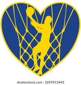 Modern basketball heart with net pattern in royal blue and golden yellow. Great for sports-themed gifts.	
