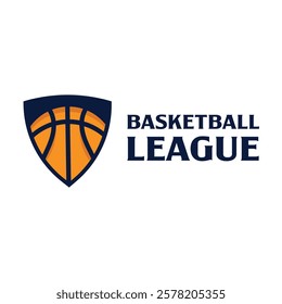 Modern basketball logo design featuring an orange basketball within a navy blue shield. Perfect for sports teams, basketball leagues, tournaments, sports branding, and professional events