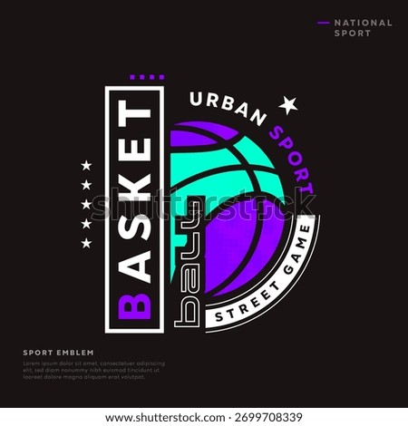 Modern basketball logo with neon gradient colors in purple and turquoise, representing the energy of urban sport and street game culture. Perfect for National Sports Day, team branding, and creative s