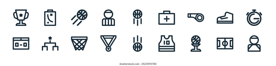 modern basketball outline icon pack. perfect for linear ui designs featuring vector basketball player, basket, winner, basket, basket ball, medals, basketball and more icons for mobile and web apps.