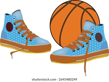 Modern basketball shoes and ball ready for a match