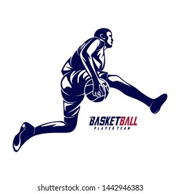 Moderna plantilla de vectores con logotipo de silueta deportiva de baloncesto. Silueta de un jugador de baloncesto, vector de pedazos