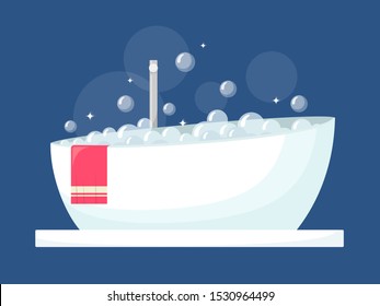 A modern bath full of foam with bubbles and a pink towel. Vector illustration in cartoon flat style.