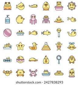 Modern bath toys icons set. Outline set of Modern bath toys vector icons thin line color flat on white