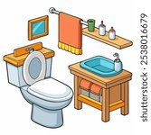 Modern bathroom with ceramic white toilet bowl illustration. Wooden counter, sink and mirror, towel hanger and stool, vector cartoon illustration on white background