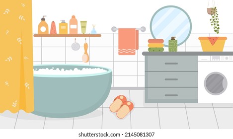 Modern bathroom concept. Beauty and hygiene, apartment room and minimalist interior. Foam treatments and spa, beauty products on wooden shelves, luxury hotel room. Cartoon flat vector illustration